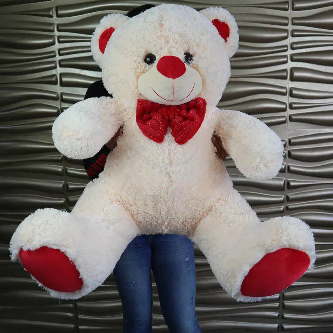 Oso de peluche grande de 1,20 m color crema con moño y patas rojas, una idea de regalo de aniversario para tu esposo o esposa
