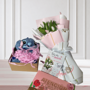 Ramo de Tulipanes con Caja Sorpresa y Peluche