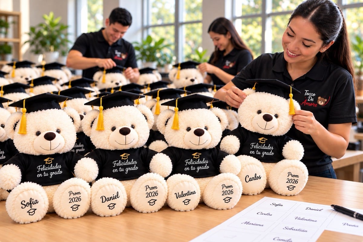 Osos de grado personalizados con el nombre de cada estudiante, preparados para toda una promoción