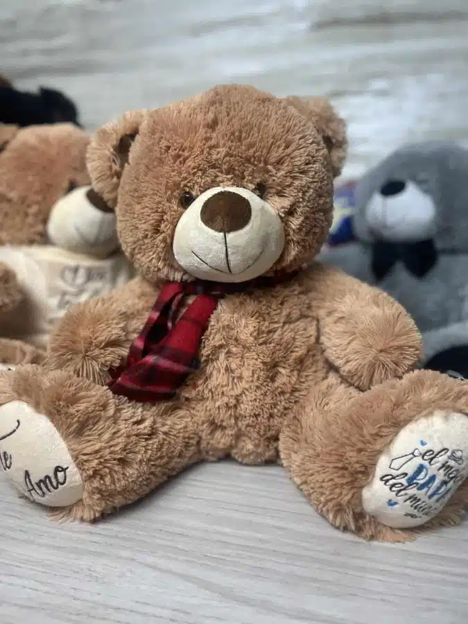 Foto real de un oso de peluche personalizado color café con huellas bordadas