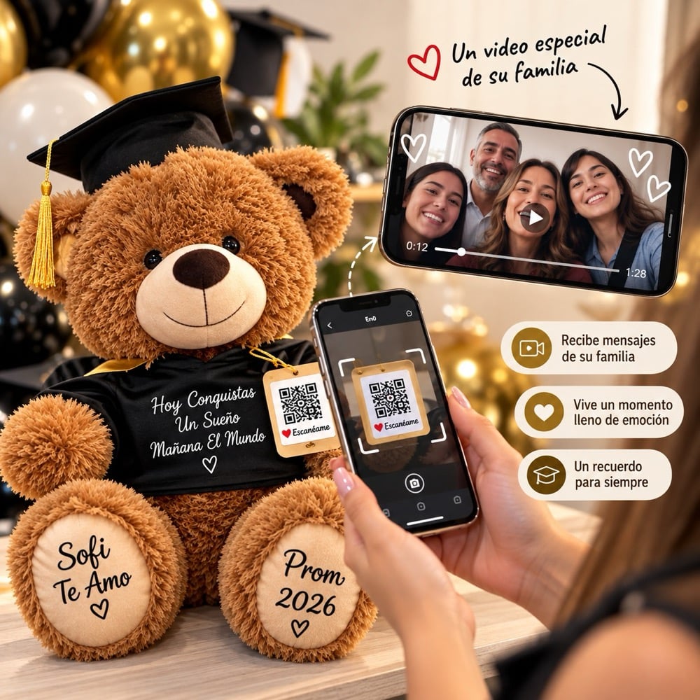 Oso de grado con tarjeta QR: al escanearla con el celular aparece un video de felicitación de la familia