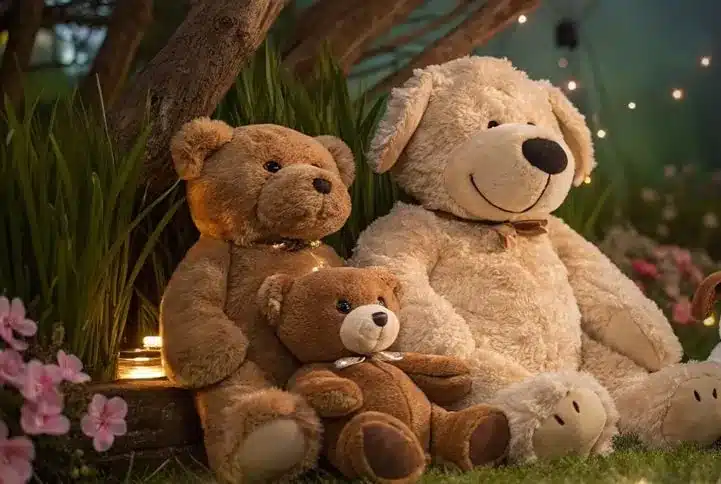 Tres osos de peluche clásicos de distintos tamaños junto a luces cálidas, opción para regalos corporativos de fin de año