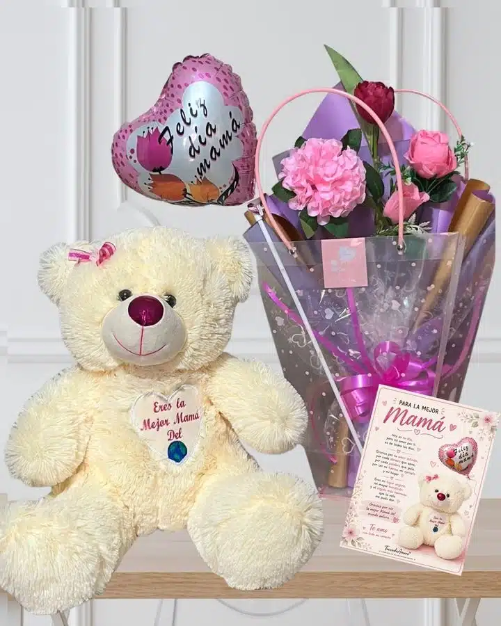 Regalo para el Día de la Madre: oso de peluche café con flores