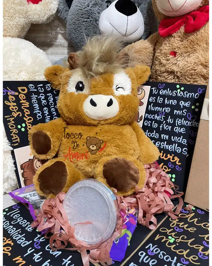 Caja sorpresa abierta con un peluche, dulces y mensajes escritos a mano, regalo de Navidad para la pareja